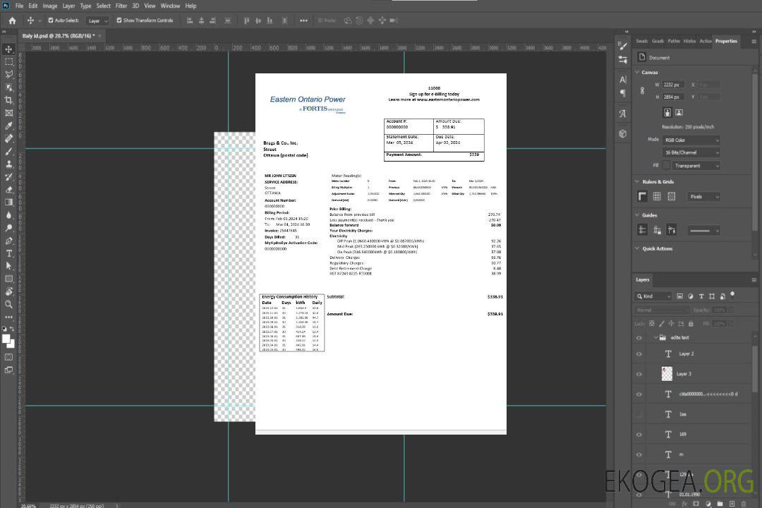 Modèle de facture de services publics pour les entreprises de Canada Eastern Ontario Power en formats Word et PDF template